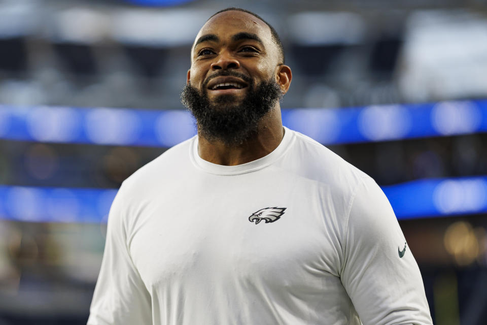 INGLEWOOD, CALIFORNIA - NOVEMBER 24: Defensive end Brandon Graham #55 of the Philadelphia Eagles stands on the field prior to an NFL football game against the Los Angeles Rams, at SoFi Stadium on November 24, 2024 in Inglewood, California. (Photo by Brooke Sutton/Getty Images)