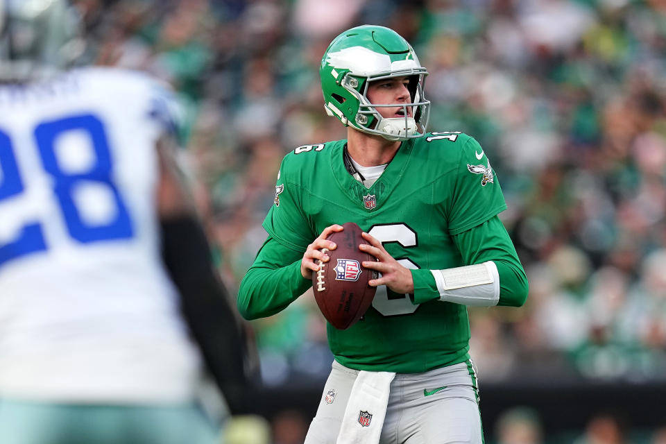 PHILADELPHIA, PENNSYLVANIA - DECEMBER 29: Tanner McKee #16 of the Philadelphia Eagles looks to pass against the Dallas Cowboys during the third quarter at Lincoln Financial Field on December 29, 2024 in Philadelphia, Pennsylvania. (Photo by Mitchell Leff/Getty Images)