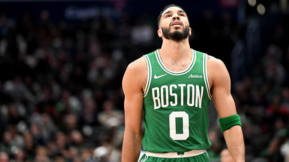 WASHINGTON, DC - DECEMBER 15: Jayson Tatum #0 of the Boston Celtics walks down the court during the game against the Washington Wizards at Capital One Arena on December 15, 2024 in Washington, DC. NOTE TO USER: User expressly acknowledges and agrees that, by downloading and or using this photograph, User is consenting to the terms and conditions of the Getty Images License Agreement. (Photo by G Fiume/Getty Images)