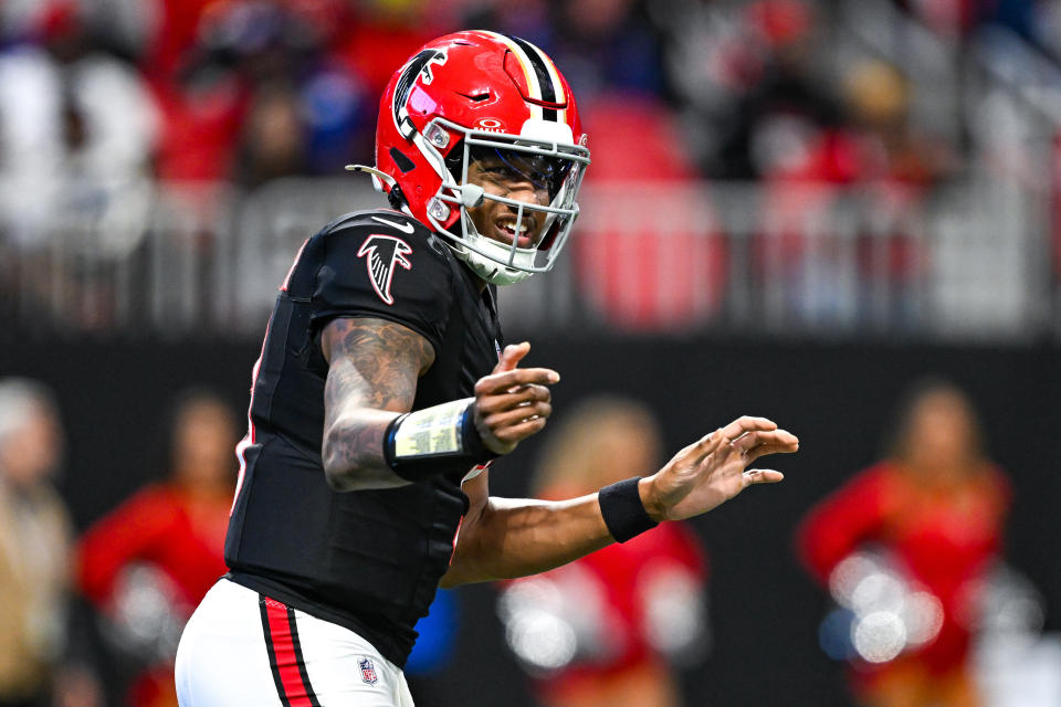 ATLANTA, GA DECEMBER 22: Atlanta quarterback Michael Penix Jr. (9) reacts during the NFL game between the New York Giants and the Atlanta Falcons on December 22nd, 2024 at Mercedes-Benz Stadium in Atlanta, GA. (Photo by Rich von Biberstein/Icon Sportswire via Getty Images)