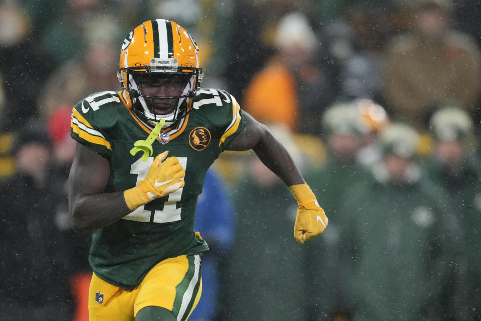 Jayden Reed #11 of the Green Bay Packers in action against the Miami Dolphins during the third quarter of a game at Lambeau Field on November 28, 2024 in Green Bay, Wisconsin. (Photo by Patrick McDermott/Getty Images)