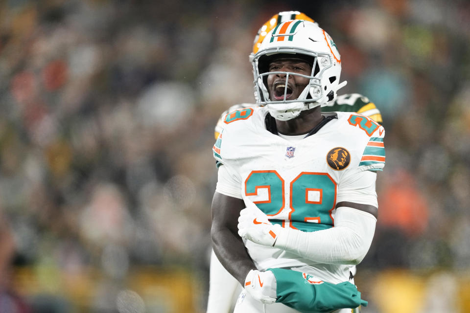 GREEN BAY, WISCONSIN - NOVEMBER 28: De'Von Achane #28 of the Miami Dolphins celebrates after a run against the Green Bay Packers during the first half of the game at Lambeau Field on November 28, 2024 in Green Bay, Wisconsin. (Photo by Patrick McDermott/Getty Images)