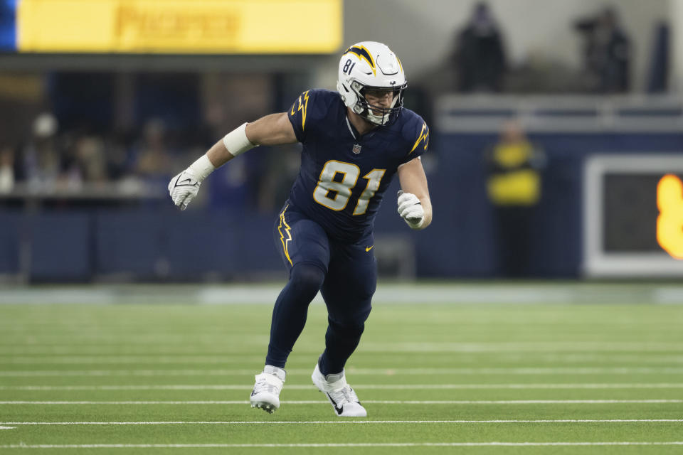 Los Angeles Chargers tight end Will Dissly (81) runs during an NFL football game against the Baltimore Ravens, Monday, Nov. 25, 2024, in Inglewood, Calif. (AP Photo/Kyusung Gong)