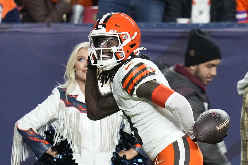 Cleveland Browns wide receiver Jerry Jeudy reacts after his successful 2-point conversion during the second half of an NFL football game against the Denver Broncos, Monday, Dec. 2, 2024, in Denver. (AP Photo/Jack Dempsey)