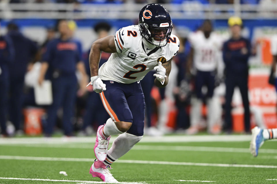 Chicago Bears wide receiver DJ Moore runs in motion during the first half of an NFL football game against the Detroit Lions in Detroit, Thursday, Nov. 28, 2024. The Lions won 23-20. (AP Photo/David Dermer)