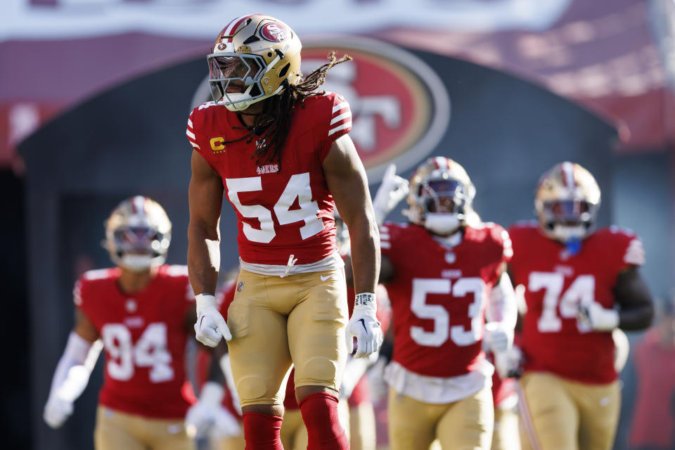 Linebacker Fred Warner #54 of the San Francisco 49ers enters the field prior to an NFL football game against the Chicago Bears, at Levi's Stadium on December 8, 2024 in Santa Clara, California. (Photo by Brooke Sutton/Getty Images)