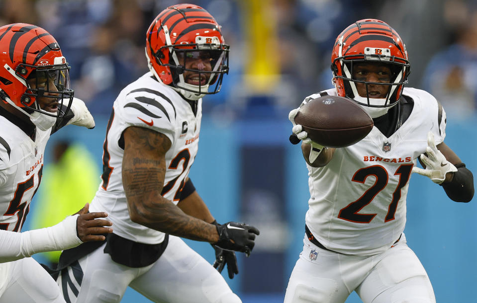 Mike Hilton #21 of the Cincinnati Bengals celebrates after an interception against the Tennessee Titans during the second quarter at Nissan Stadium on December 15, 2024 in Nashville, Tennessee. (Photo by Wesley Hitt/Getty Images)