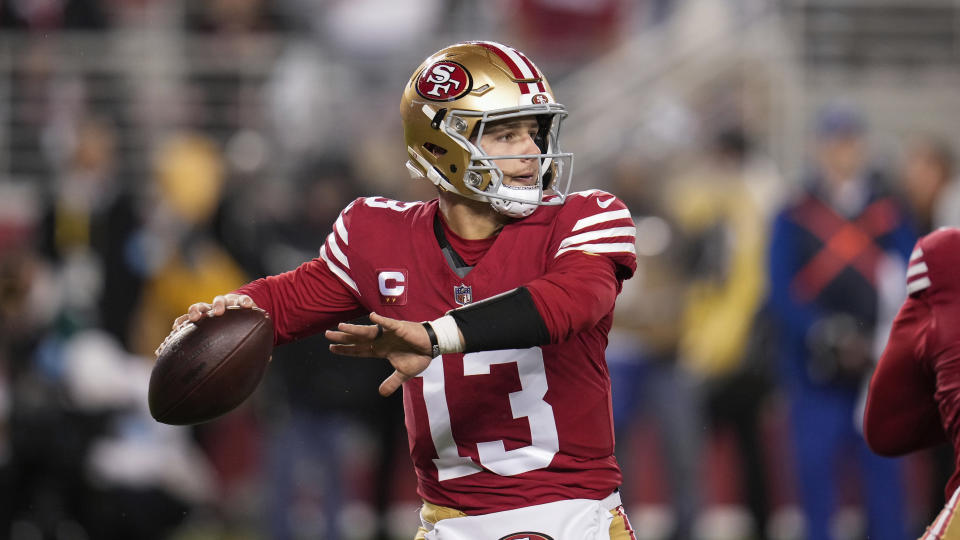 San Francisco 49ers quarterback Brock Purdy passes during an NFL football game against the Los Angeles Rams, Thursday, Dec. 12, 2024, in Santa Clara, Calif. (AP Photo/Godofredo A. Vásquez)