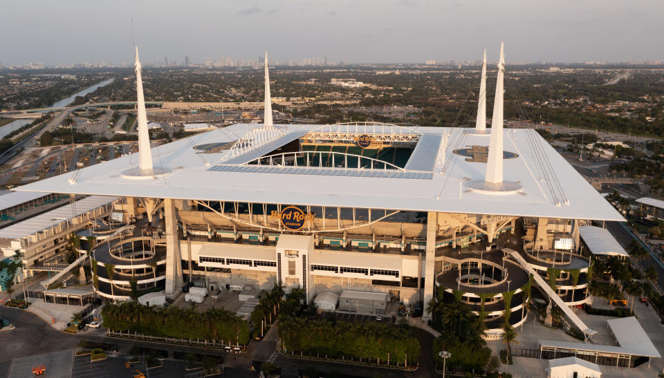 MIAMI GARDENS, FLORIDA - MAY 14: A general aerial view of the Hard Rock Stadium on May 14, 2024 in Miami Gardens, Florida. (Photo by Cliff Hawkins - FIFA/FIFA via Getty Images)