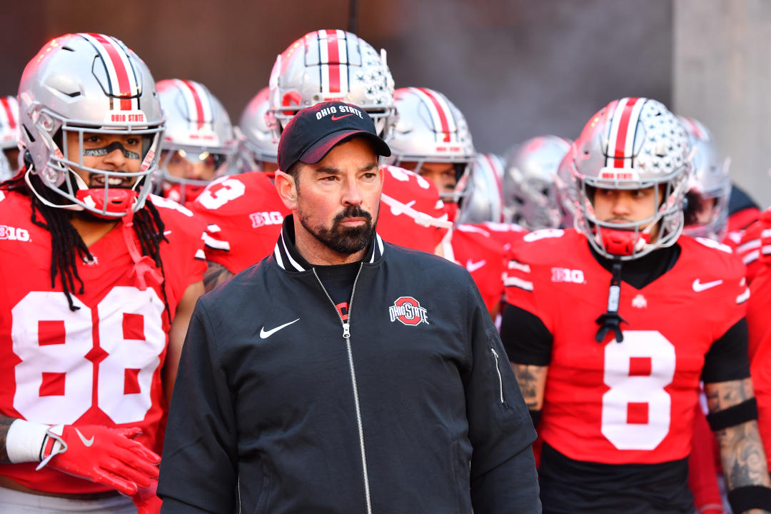 COLUMBUS, OHIO - NOVEMBER 30: Head coach Ryan Day of the Ohio State Buckeyes lines up to take the field prior to a game against the Michigan Wolverines at Ohio Stadium on November 30, 2024 in Columbus, Ohio. (Photo by Ben Jackson/Getty Images)