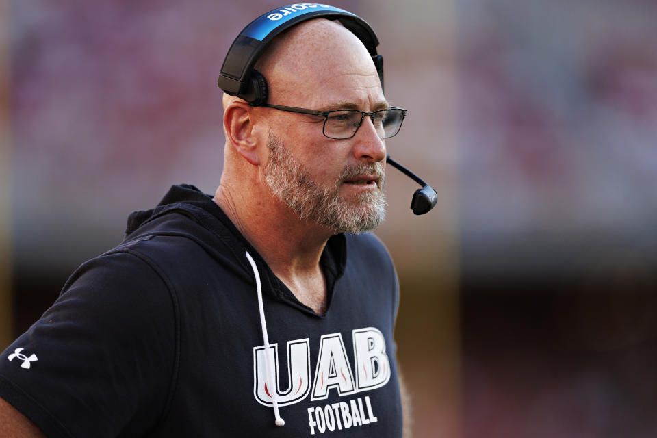 FAYETTEVILLE, ARKANSAS - SEPTEMBER 14: Head Coach Trent Dilfer of the UAB Blazers during a game against the Arkansas Razorbacks at Donald W. Reynolds Razorback Stadium on September 14, 2024 in Fayetteville, Arkansas. The Razorbacks defeated the Blazers 37-27. (Photo by Wesley Hitt/Getty Images)