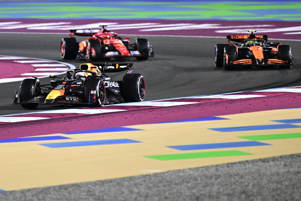 LUSAIL CITY, QATAR - DECEMBER 01: Max Verstappen of the Netherlands driving the (1) Oracle Red Bull Racing RB20 leads Lando Norris of Great Britain driving the (4) McLaren MCL38 Mercedes and Charles Leclerc of Monaco driving the (16) Ferrari SF-24 on track during the F1 Grand Prix of Qatar at Lusail International Circuit on December 01, 2024 in Lusail City, Qatar. (Photo by Pauline Ballet - Formula 1/Formula 1 via Getty Images)