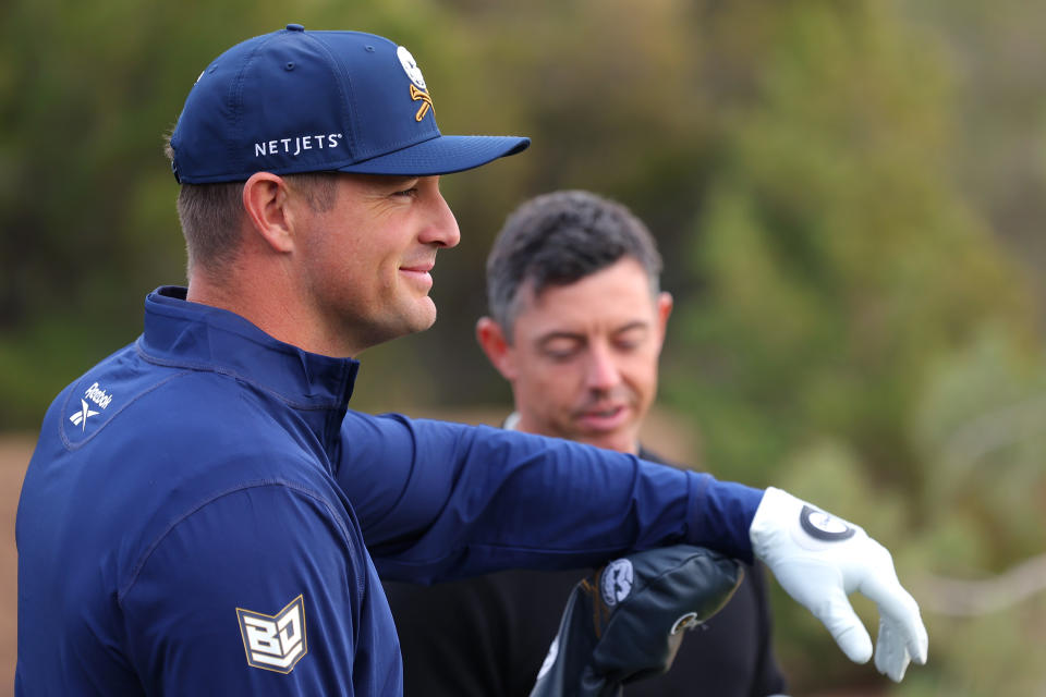 LAS VEGAS, NEVADA - DECEMBER 16: Bryson DeChambeau of LIV Golf looks on before The Showdown: McIlroy and Scheffler v DeChambeau and Koepka at Shadow Creek Golf Course on December 16, 2024 in Las Vegas, Nevada. (Photo by Kevin C. Cox/Getty Images for The Showdown)