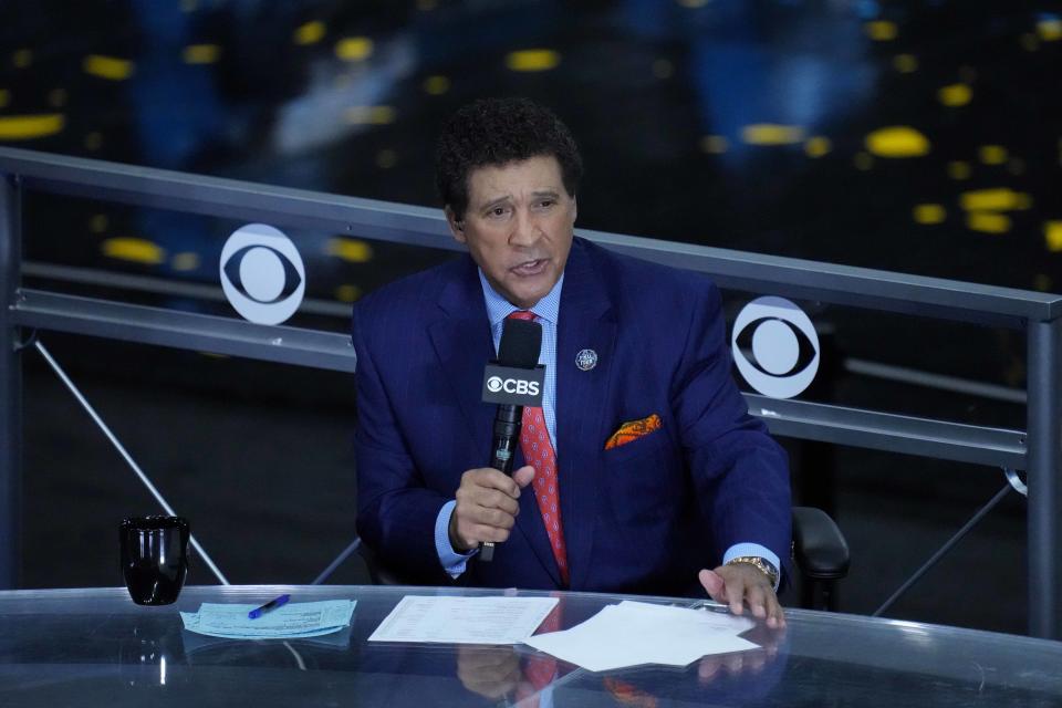 Apr 5, 2021; Indianapolis, IN, USA; CBS announcer Greg Gumbel prior to the national championship game in the Final Four of the 2021 NCAA Tournament between the Gonzaga Bulldogs and the Baylor Bears at Lucas Oil Stadium. Mandatory Credit: Kyle Terada-USA TODAY Sports