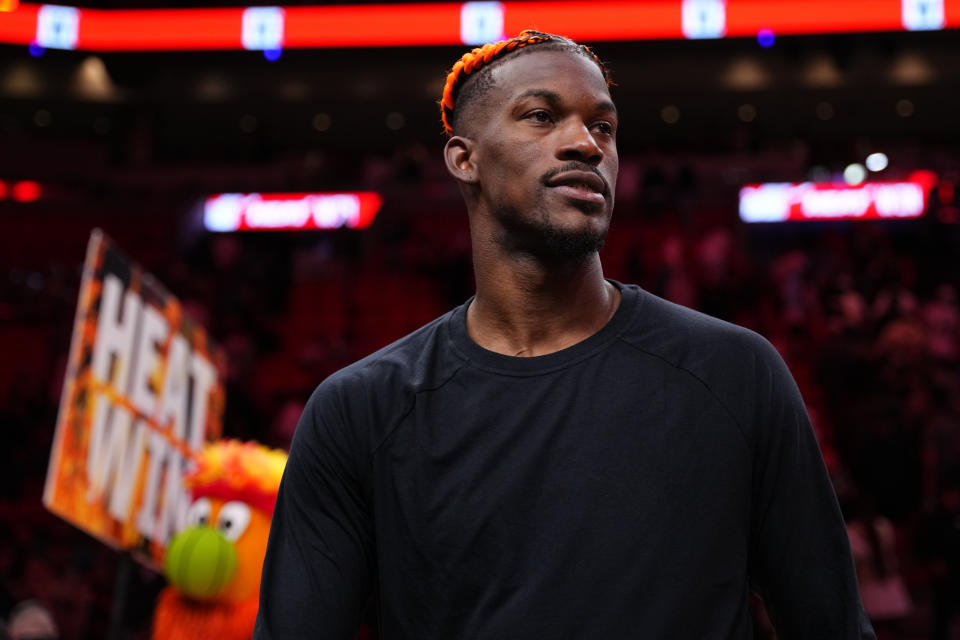 MIAMI, FLORIDA - DECEMBER 12: Jimmy Butler #22 of the Miami Heat looks on at the end of the game against the Toronto Raptors at Kaseya Center on December 12, 2024 in Miami, Florida. NOTE TO USER: User expressly acknowledges and agrees that, by downloading and or using this Photograph, user is consenting to the terms and conditions of the Getty Images License Agreement. (Photo by Rich Storry/Getty Images)