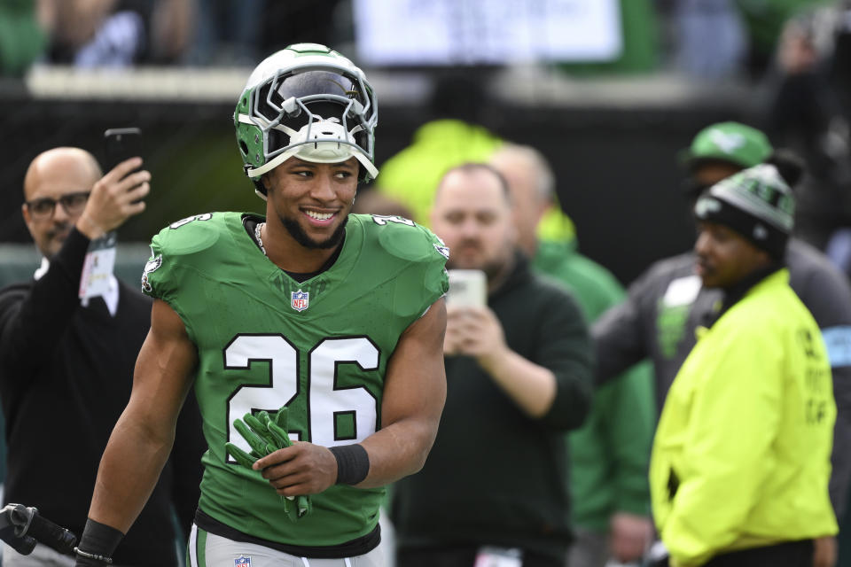 Saquon Barkley's career revival with the Eagles has placed him in the NFL history books. (AP Photo/Terrance Williams)