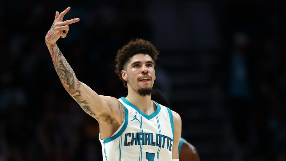 CHARLOTTE, NORTH CAROLINA - NOVEMBER 27: LaMelo Ball #1 of the Charlotte Hornets reacts following a three point basket during the second half of the game against the Miami Heat at Spectrum Center on November 27, 2024 in Charlotte, North Carolina. NOTE TO USER: User expressly acknowledges and agrees that, by downloading and or using this photograph, User is consenting to the terms and conditions of the Getty Images License Agreement. (Photo by Jared C. Tilton/Getty Images)