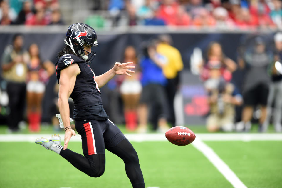 HOUSTON, TX - DECEMBER 15: Houston Texans punter Tommy Townsend kicks a ball during game featuring the Miami Dolphins and the Houston Texans on December 15, 2024 at NRG Stadium in Houston, TX. (Photo by John Rivera/Icon Sportswire via Getty Images)