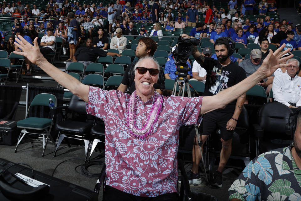 HONOLULU, HI - NOVEMBER 20: ESPN announcer Bill Walton gets ready to do the color commentary before the Kansas Jayhawks play against the Chaminade Silverswords during the first round of the Allstate Maui Invitational on November 20, 2023, at the Stan Sheriff Center in Honolulu, Hawaii. (Photo by Brian Spurlock/Icon Sportswire via Getty Images)