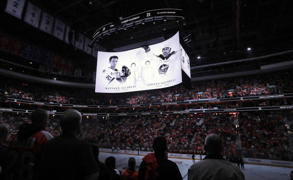 PHILADELPHIA, PENNSYLVANIA - OCTOBER 19: The Philadelphia Flyers honor the memory of Johnny and Matthew Gaudreau prior to their game against the Vancouver Canucks at the Wells Fargo Center on October 19, 2024 in Philadelphia, Pennsylvania. (Photo by Steve Caplan/NHLI via Getty Images)