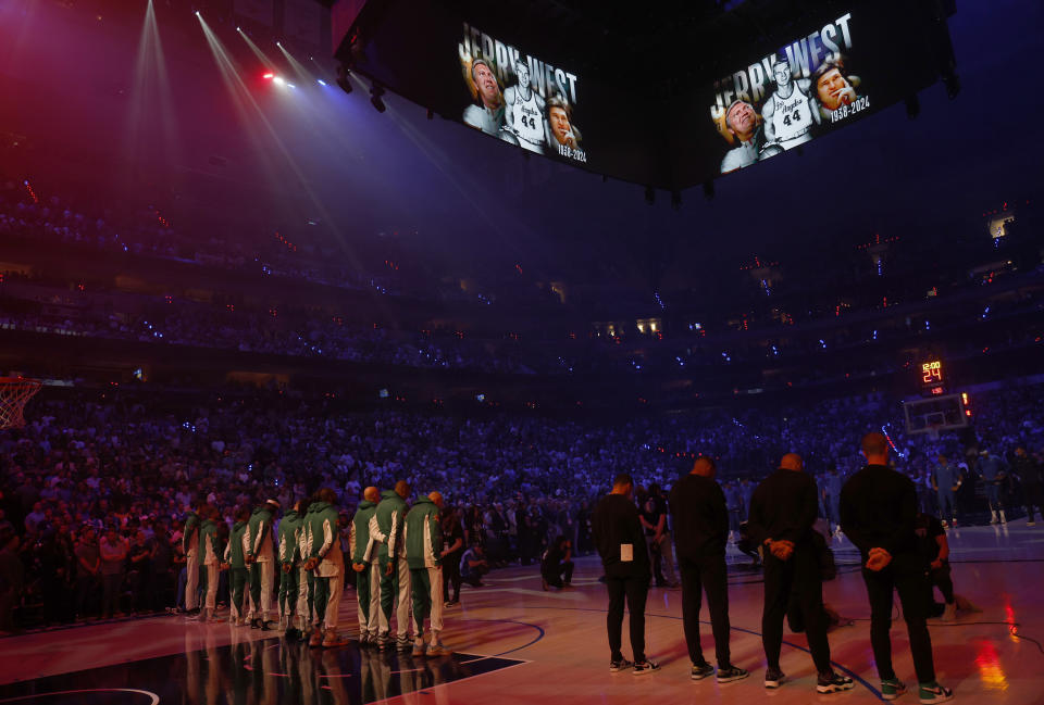 Dallas, TX - 6/12/24 - NBA legend Jerry West is honored before Game 3 of the NBA Finals. The Dallas Mavericks hosted the Boston Celtics at American Airlines Center on Wednesday, June 12, 2024. (Photo by Barry Chin/The Boston Globe via Getty Images)