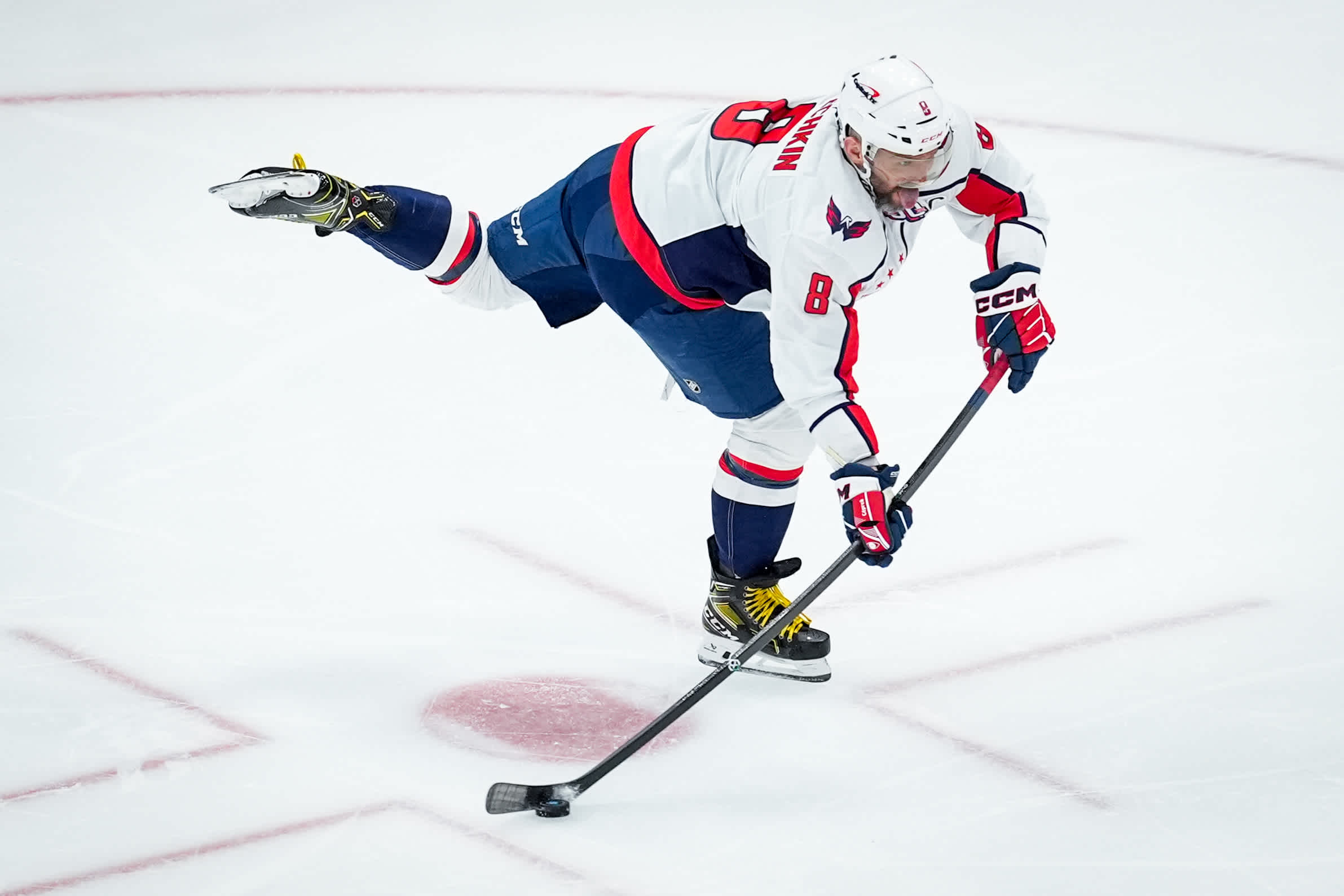 SALT LAKE CITY, UTAH - NOVEMBER 18: Alex Ovechkin #8 of the Washington Capitals shoots the puck during the second period against the Utah Hockey Club on November 18, 2024 at Delta Center in Salt Lake City, Utah. (Photo by Hunter Dyke/NHLI via Getty Images)