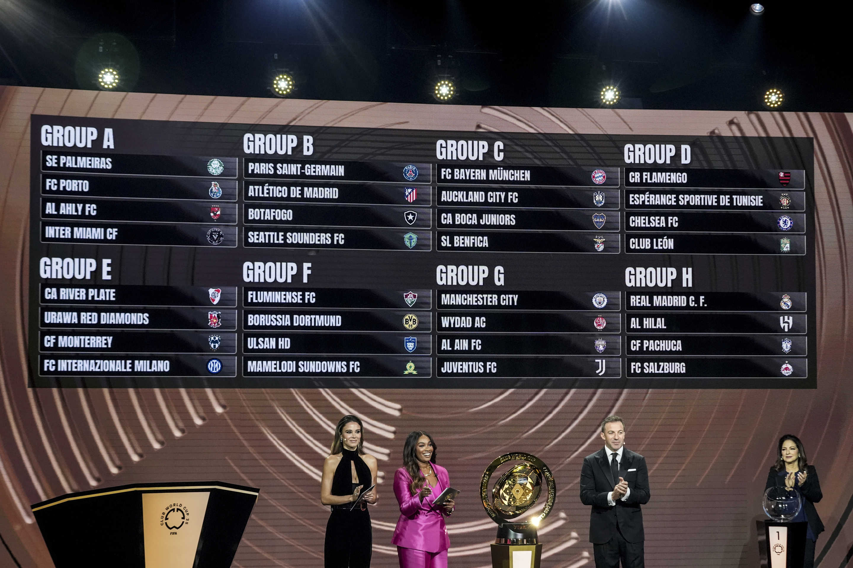 Presenter Samantha Johnson speaks on stage during the draw for the 2025 FIFA Club World Cup soccer tournament, Thursday, Dec. 5, 2024, in Miami. (AP Photo/Rebecca Blackwell)