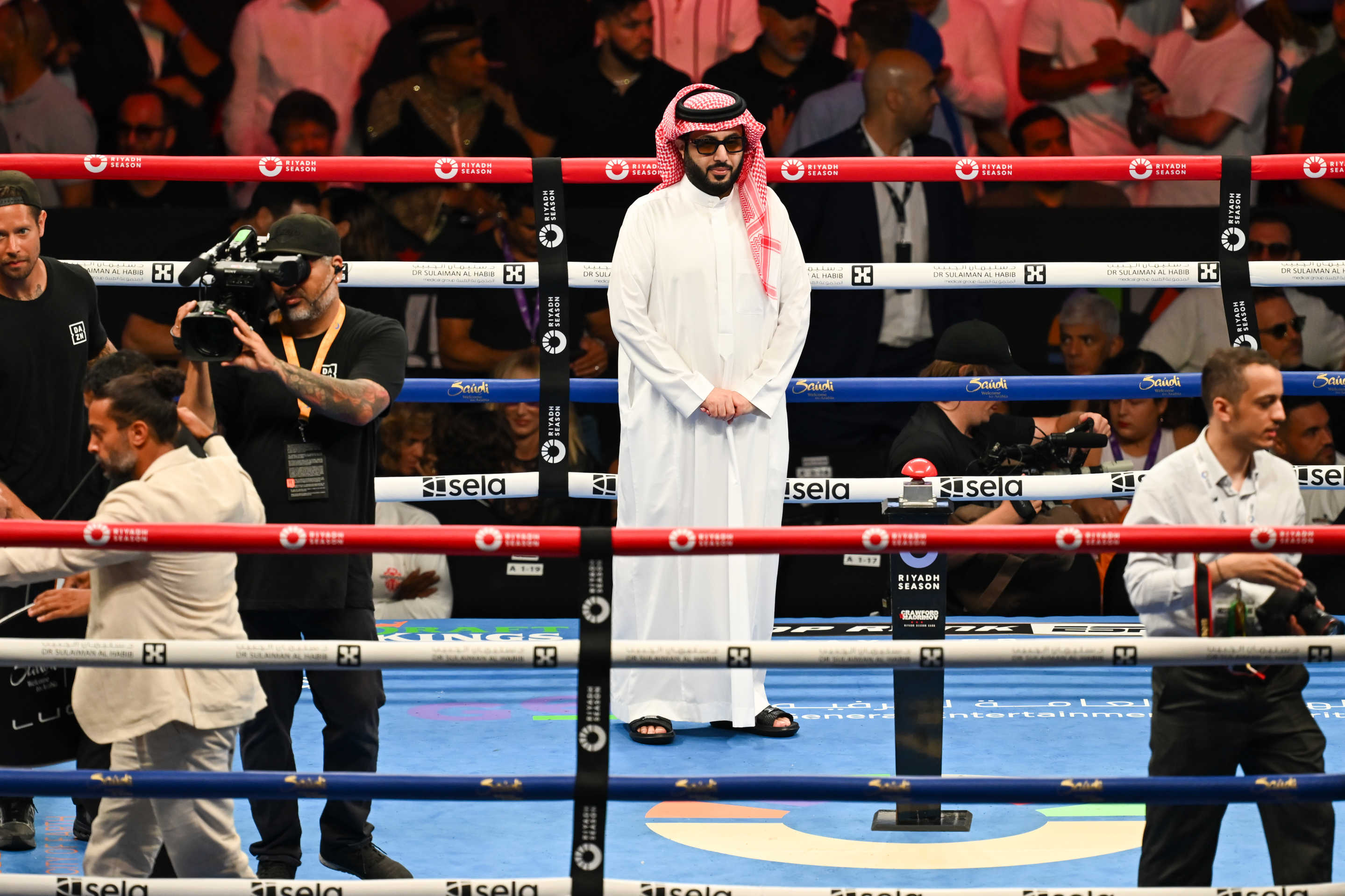 LOS ANGELES, CALIFORNIA - AUGUST 03: Saudi adviser Turki Al-AlShaikh attends the event of Terence Crawford 'Bud' from Omaha, Nebraska and Israil Madrimov ''The Dream' from Chiva, Uzbekistan for their WBA World WBO Interim title of the Premiere Boxing Championship during Riyadh Season on Saturday night at the BMO Stadium in Los Angeles, California United States on August 03, 2024. (Photo by Tayfun Coskun/Anadolu via Getty Images)