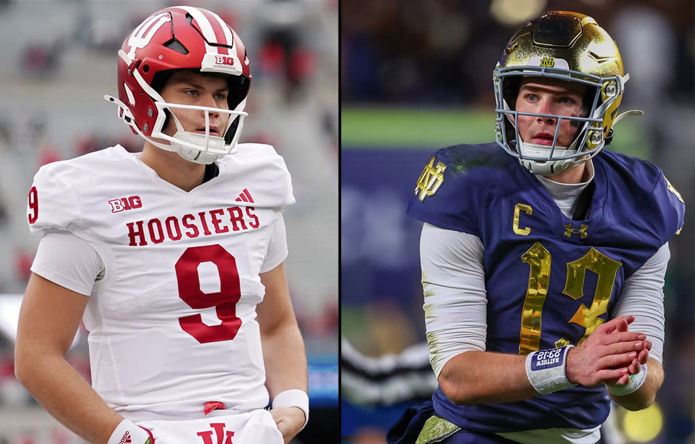 Will Indiana's Kurtis Rourke shine brighter than Notre Dame's Riley Leonard on Friday night in South Bend? (Photos: Getty)