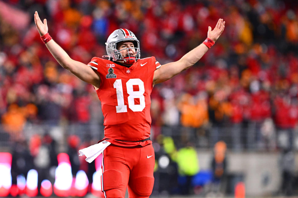 Ohio State's Will Howard had one of his best games of the year Saturday, completing 24 of his 29 passes for 311 yards and two touchdowns. (Jason Miller/Getty Images)