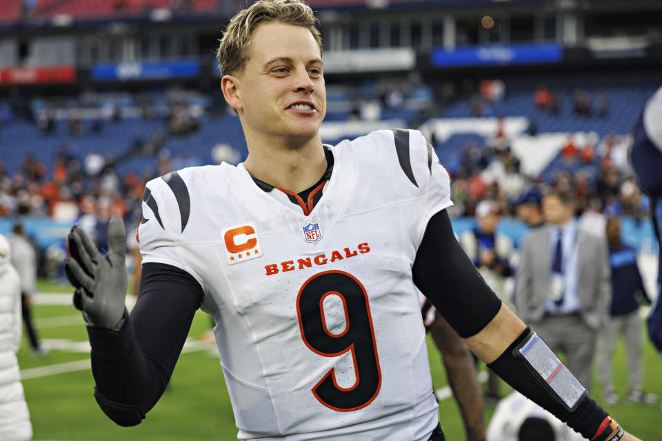 NASHVILLE, TENNESSEE - DECEMBER 15: Joe Burrow #9 of the Cincinnati Bengals on the field after a game against the Tennessee Titans at Nissan Stadium on December 15, 2024 in Nashville, Tennessee. The Bengals defeated the Titans 37-27. (Photo by Wesley Hitt/Getty Images)