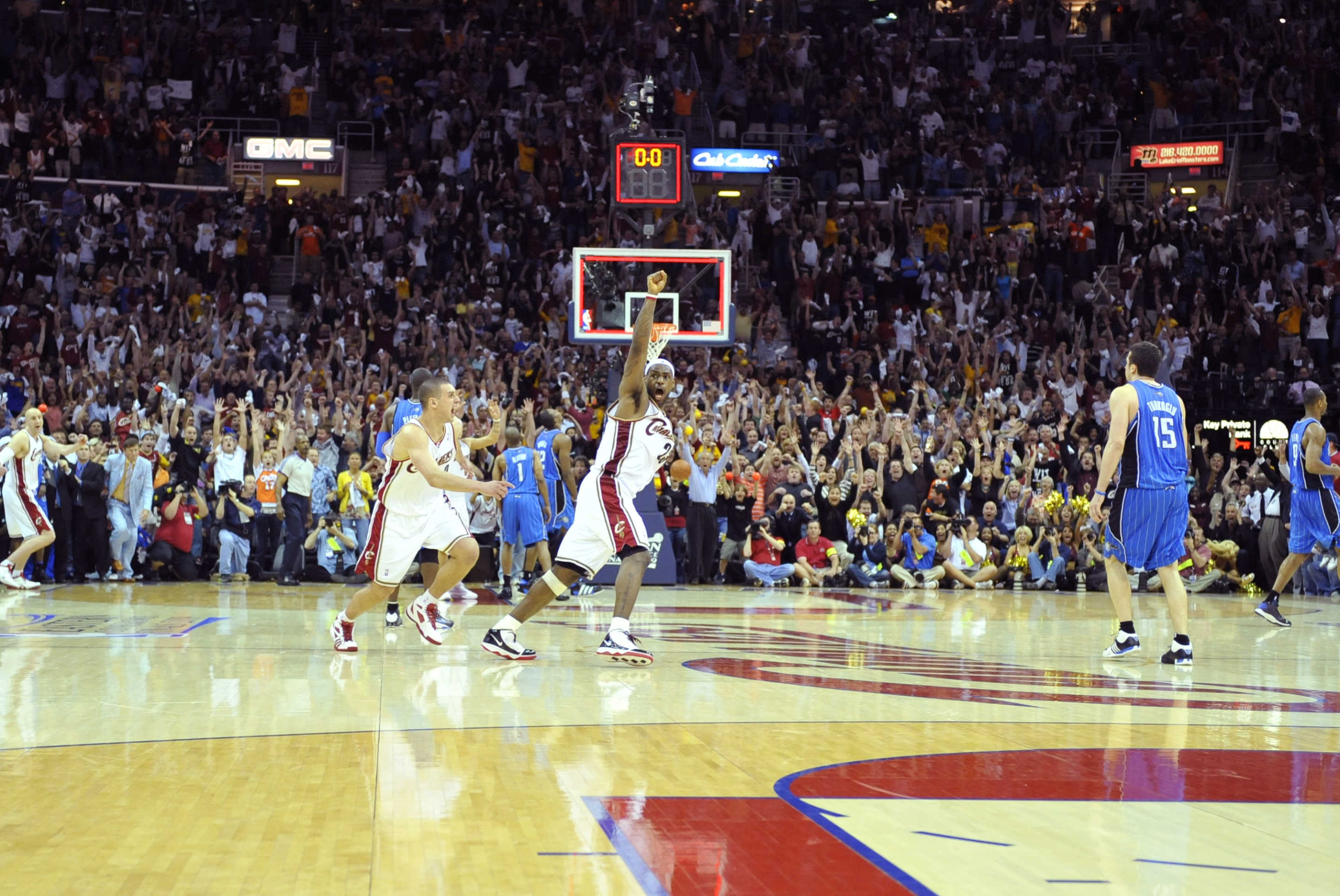 CLEVELAND - MAY 22: LeBron James #23 of the Cleveland Cavaliers celebrates after hitting the game-winning shot against the Orlando Magic in Game Two of the Eastern Conference Finals during the 2009 NBA Playoffs at The Quicken Loans Arena on May 22, 2009 in Cleveland, Ohio. NOTE TO USER: User expressly acknowledges and agrees that, by downloading and/or using this Photograph, user is consenting to the terms and conditions of the Getty Images License Agreement. Mandatory Copyright Notice: Copyright 2009 NBAE (Photo by David Dow/NBAE via Getty Images)