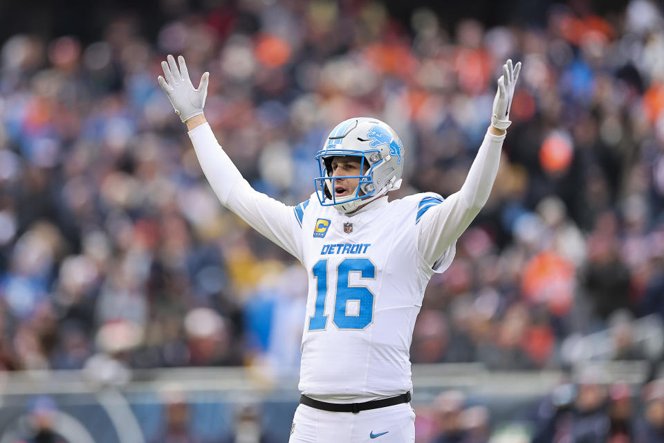 Jared Goff and the Lions used a trick play to help secure their franchise-record 13th win of the season.(Photo by Michael Reaves/Getty Images)