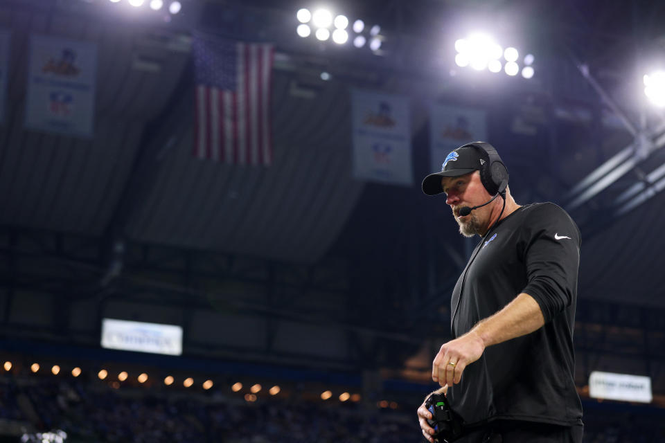 Dan Campbell isn't making an excuse out of the Lions' absurd amount of injuries on defense, but at some point it's a fair one. (Photo by Mike Mulholland/Getty Images)