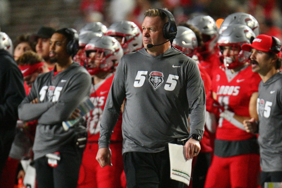 ALBUQUERQUE, NEW MEXICO - SEPTEMBER 21: Head coach Bronco Mendenhall of the New Mexico Lobos looks on during the second half of a game against the Fresno State Bulldogs at University Stadium on September 21, 2024 in Albuquerque, New Mexico. The Bulldogs defeated the Lobos 38-21. (Photo by Sam Wasson/Getty Images)