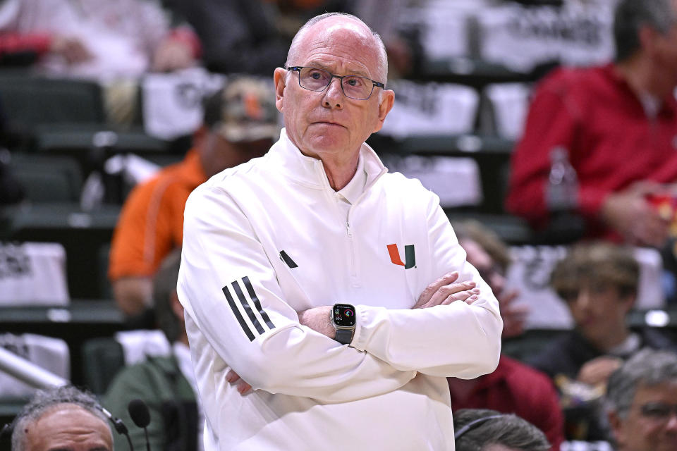 CORAL GABLES, FL - DECEMBER 03: Miami Head Coach Jim Larrañaga (Larranaga) watches his players in the first half as the Miami Hurricanes faced the Arkansas Razorbacks on December 3, 2024, at the Watsco Center in Coral Gables, Florida. (Photo by Samuel Lewis/Icon Sportswire via Getty Images)