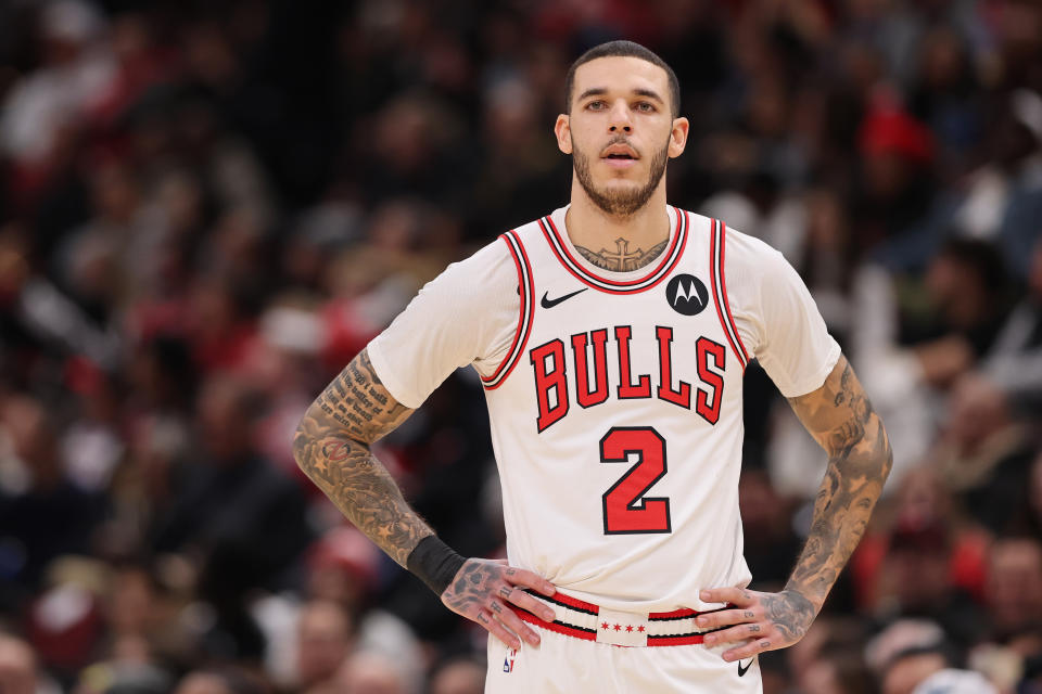 CHICAGO, ILLINOIS - DECEMBER 02: Lonzo Ball #2 of the Chicago Bulls looks on against the Brooklyn Nets during the first half at the United Center on December 02, 2024 in Chicago, Illinois. NOTE TO USER: User expressly acknowledges and agrees that, by downloading and or using this photograph, User is consenting to the terms and conditions of the Getty Images License Agreement. (Photo by Michael Reaves/Getty Images)