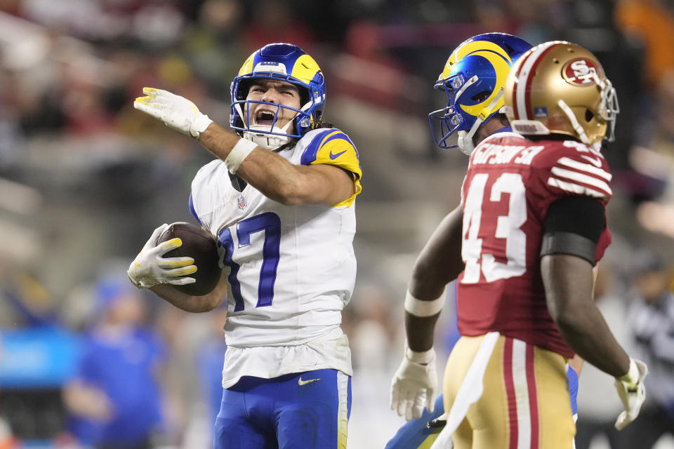 Los Angeles Rams wide receiver Puka Nacua (17) reacts after catching a pass against the San Francisco 49ers during the second half of an NFL football game in Santa Clara, Calif., Thursday, Dec. 12, 2024. (AP Photo/Godofredo A. Vásquez)