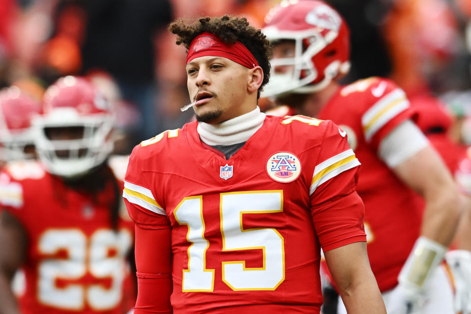 Patrick Mahomes finished Sunday's win over Cleveland on the sideline after suffering a fourth-quarter ankle injury. (Ken Blaze-Imagn Images)