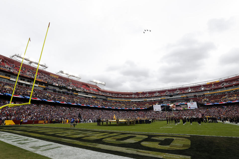 LANDOVER, MARYLAND - NOVEMBER 06: A general view of the pregame flyover prior to the game between the Minnesota Vikings and the Washington Commanders at FedExField on November 06, 2022 in Landover, Maryland. (Photo by Todd Olszewski/Getty Images)