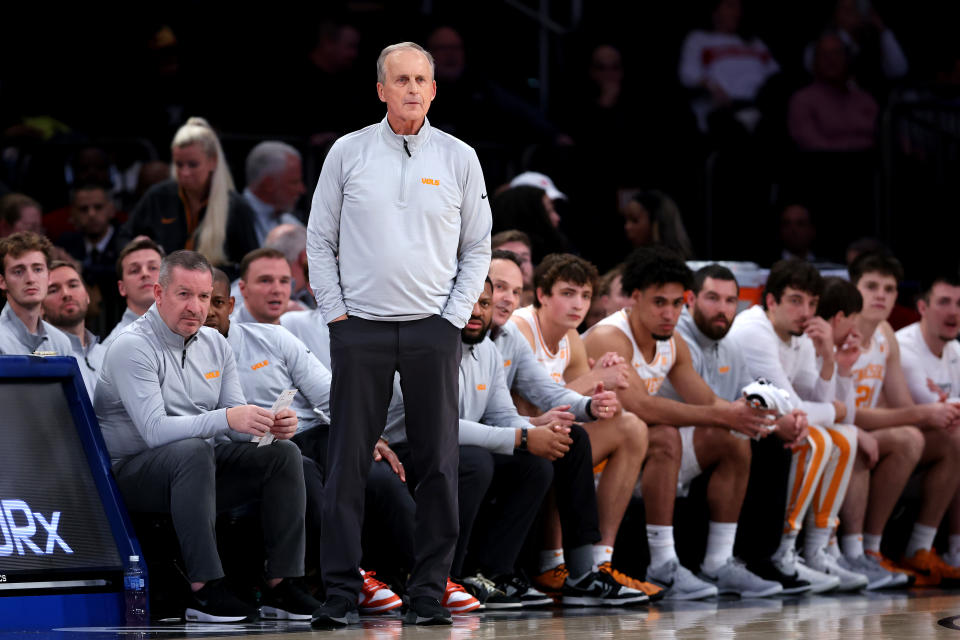 NEW YORK, NEW YORK - DECEMBER 10: Head coach Rick Barnes of the Tennessee Volunteers looks on against the Miami Hurricanes during the first half of the Jimmy V Classic at Madison Square Garden on December 10, 2024 in New York City. (Photo by Luke Hales/Getty Images)