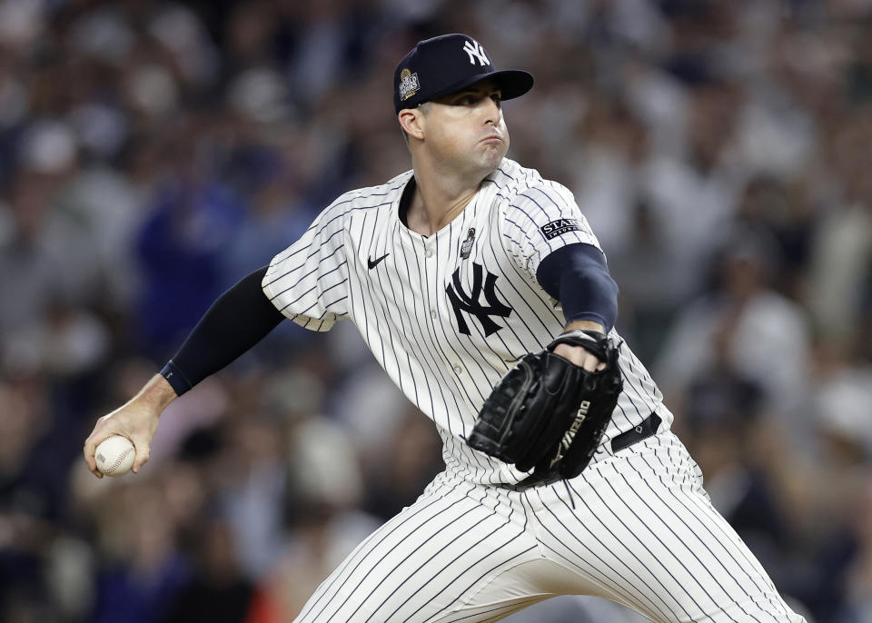 NEW YORK, NEW YORK - OCTOBER 30: (NEW YORK DAILIES OUT) Clay Holmes #35 of the New York Yankees in action against the Los Angeles Dodgers during Game Five of the 2024 World Series at Yankee Stadium on October 30, 2024 in New York City. The Dodgers defeated the Yankees 7-6. (Photo by Jim McIsaac/Getty Images)