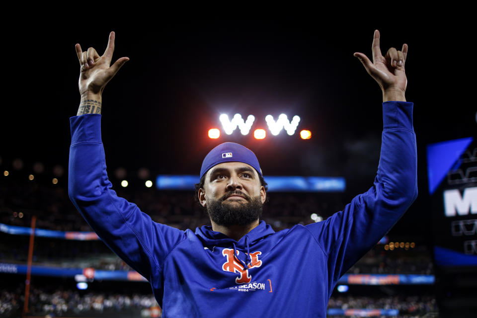 NEW YORK, NY - OCTOBER 08: Sean Manaea #59 of the New York Mets reacts after winning Game 3 of the Division Series presented by Booking.com between the Philadelphia Phillies and the New York Mets at Citi Field on Tuesday, October 8, 2024 in New York, New York. The New York Mets won 7-2. (Photo by Rob Tringali/MLB Photos via Getty Images)