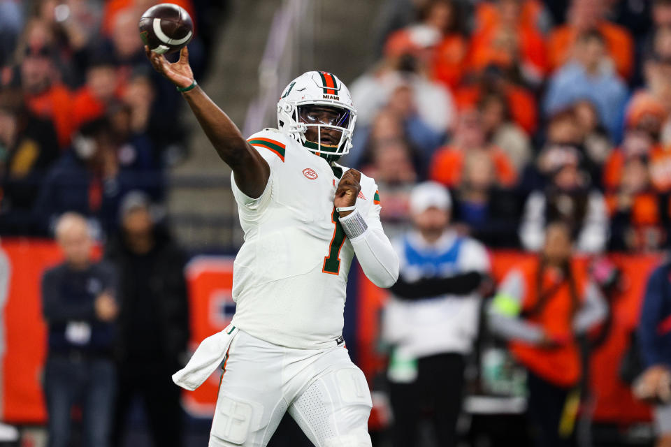 SYRACUSE, NEW YORK - NOVEMBER 30: Cam Ward #1 of the Miami Hurricanes throws a pass during the second quarter against the Syracuse Orange at JMA Wireless Dome on November 30, 2024 in Syracuse, New York. (Photo by Bryan Bennett/Getty Images)