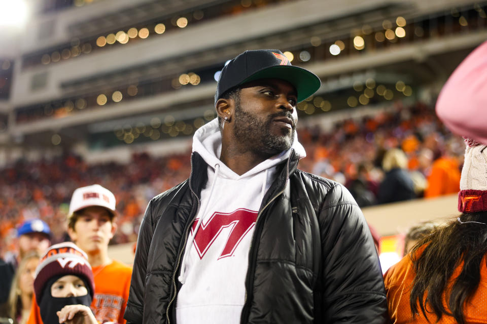 BLACKSBURG, VIRGINIA - OCTOBER 17: Michael Vick looks on prior to a game between the Virginia Tech Hokies and the Boston College Eagles at Lane Stadium on October 17, 2024 in Blacksburg, Virginia. (Photo by Ryan Hunt/Getty Images)