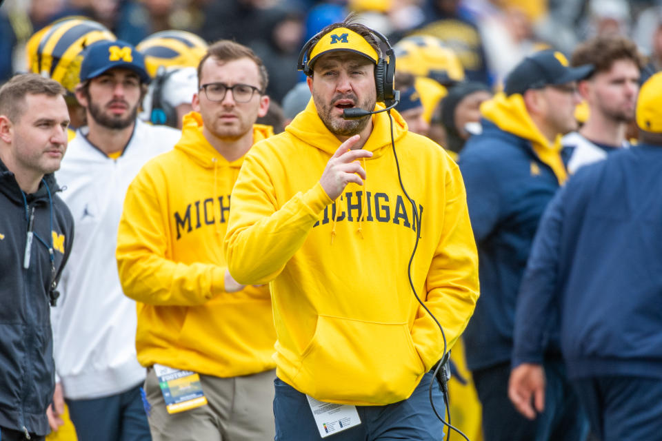 ANN ARBOR, MICHIGAN - APRIL 20: Offensive Coordinator Kirk Campbell of the Michigan Wolverines is seen on the sideline during the Spring Football Game at Michigan Stadium on April 20, 2024 in Ann Arbor, Michigan. (Photo by Aaron J. Thornton/Getty Images)