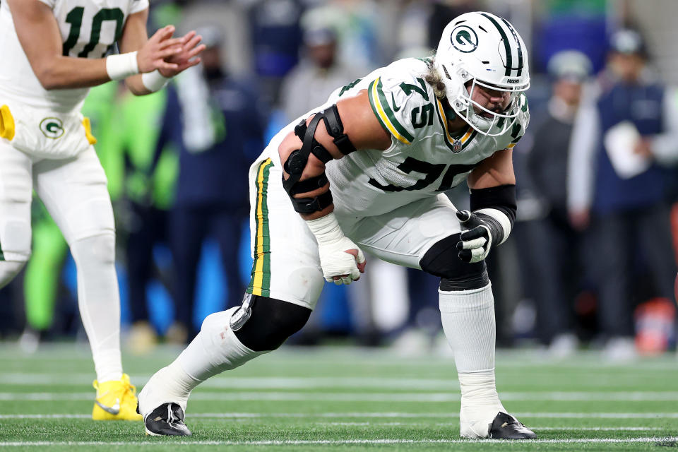 SEATTLE, WASHINGTON - DECEMBER 15: Sean Rhyan #75 of the Green Bay Packers in action against the Seattle Seahawks at Lumen Field on December 15, 2024 in Seattle, Washington. (Photo by Steph Chambers/Getty Images)