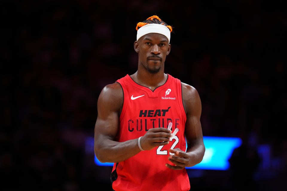 MIAMI, FLORIDA - DECEMBER 12: Jimmy Butler #22 of the Miami Heat looks on against the Toronto Raptors during the third quarter at Kaseya Center on December 12, 2024 in Miami, Florida. NOTE TO USER: User expressly acknowledges and agrees that, by downloading and or using this Photograph, user is consenting to the terms and conditions of the Getty Images License Agreement. (Photo by Rich Storry/Getty Images)