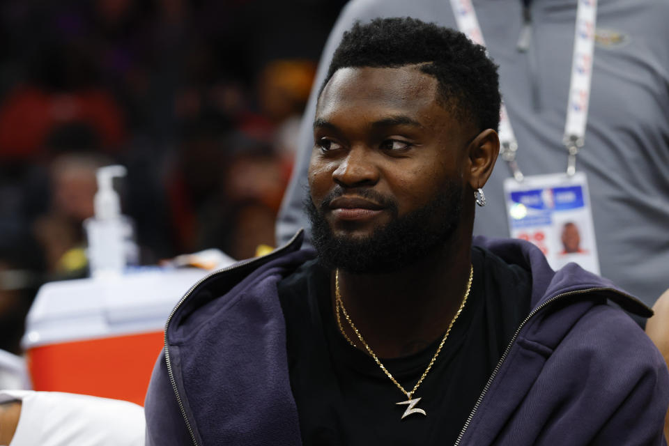 ATLANTA, GEORGIA - DECEMBER 2: Zion Williamson #1 of the New Orleans Pelicans looks on from the bench during the fourth quarter against the Atlanta Hawks at State Farm Arena on December 2, 2024 in Atlanta, Georgia. NOTE TO USER: User expressly acknowledges and agrees that, by downloading and or using this photograph, User is consenting to the terms and conditions of the Getty Images License Agreement. (Photo by Todd Kirkland/Getty Images)