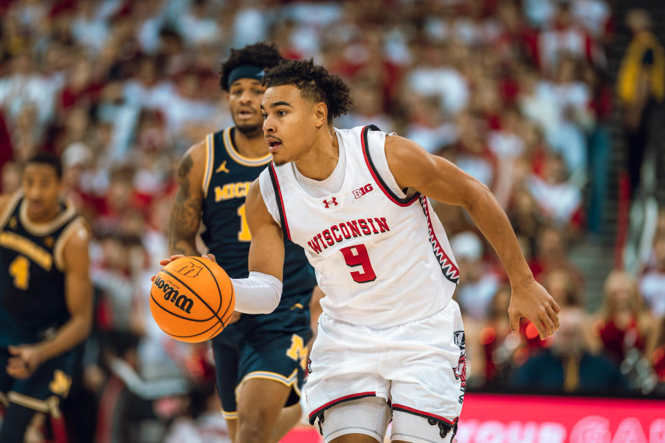 Wisconsin Badgers guard John Tonje #9 goes on a fast break against the Michigan Wolverines at the Kohl Center in Madison, Wisconsin, on December 3, 2024. (Photo by Ross Harried/NurPhoto via Getty Images)